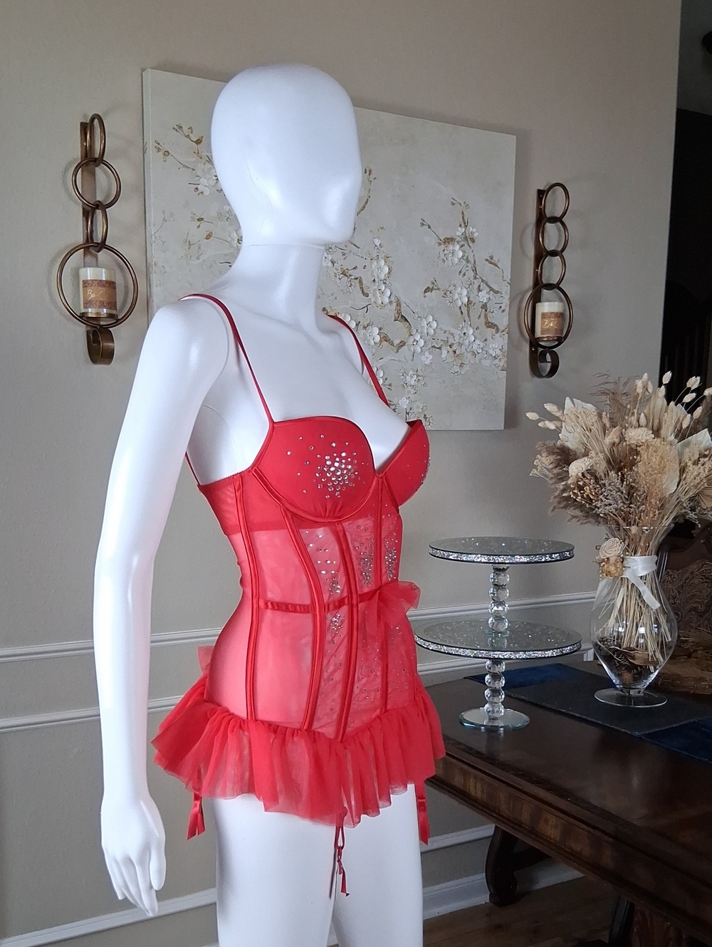 Victoria's Secret Runway Red Push-up Crystals Corset Garter Mini Dress Sexy 34C - Picture 10 of 16